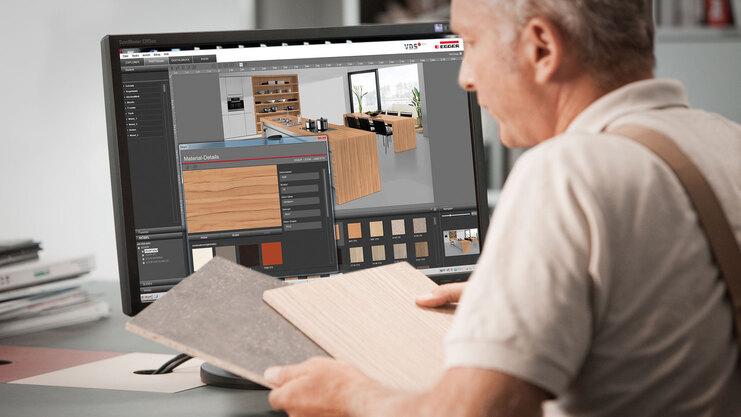 Abwägen von Holzmaterialien und Farben durch #Branche1# während einer 3D Küchenplanung